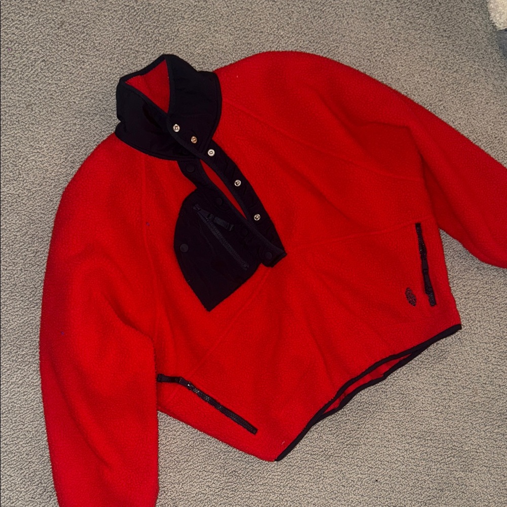 Free People Movement Red Fleece Quarter-Snap Pullover with Navy Trim